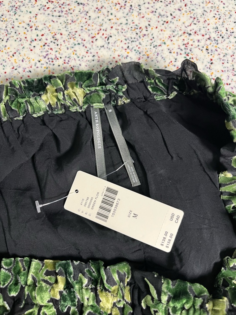 Anthropologie NWT Off-Shoulder Burnout Velvet Blouse Green Black Women’s Size M - Picture 4 of 8